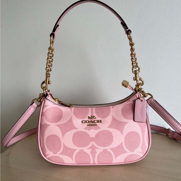 Coach Handbags - Coach Pink Signature Canvas Mini Shoulder Bag with Gold Chain